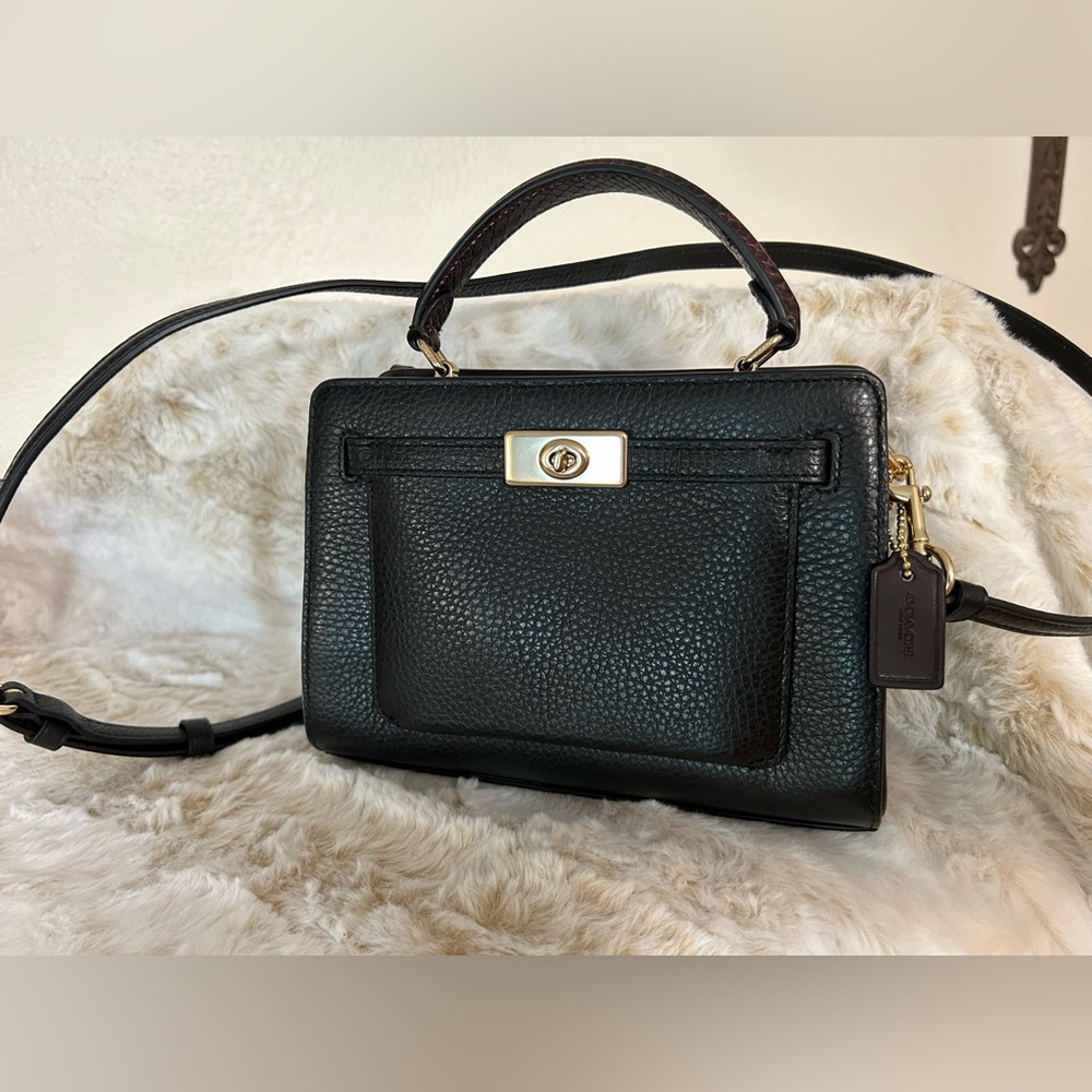 NWT Coach Mini Lane Black & Plum Leather Snake Embossed Crossbody Top Handle Bag